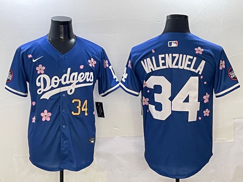 Men Los Angeles Dodgers #34 Valenzuela Blue Sakura Edition 2025 Nike MLB Jersey style 3